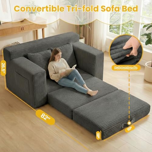 Couch, Loveseat Sleeper Sofa Bed – 3-in-1 Convertible Couch Bed with Side Pockets & Handle,Pull Out Corduroy Futon for Small Space,Living Room & Bedroom,2 Pillows Included,No Assembly