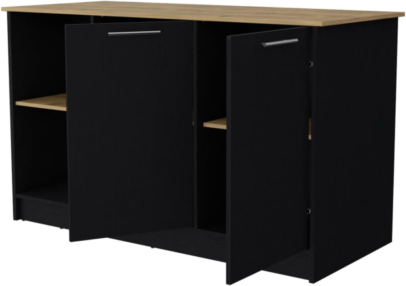 Hassyee Fashionable and Minimalist Style Fixed Kitchen Island, Equipped with Spacious Countertops, Two Open Storage Shelves, Double Door Design, Suitable for Kitchen Use (Black+Natural)