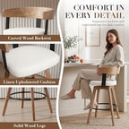 Ya-Home Mid-Century Bar Stools Set of 3, 26 Inch Swivel Counter Height Stools Linen Fabric Barstools with Barrel Backrest Wooden Legs for Kitchen Island Dining Room, White