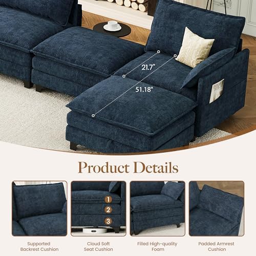 Accent Sofa Chair with Storage Ottoman, Cloud Sigle Couch with Side Pocket for Living Room, Bedroom and Apartment, Navy Blue