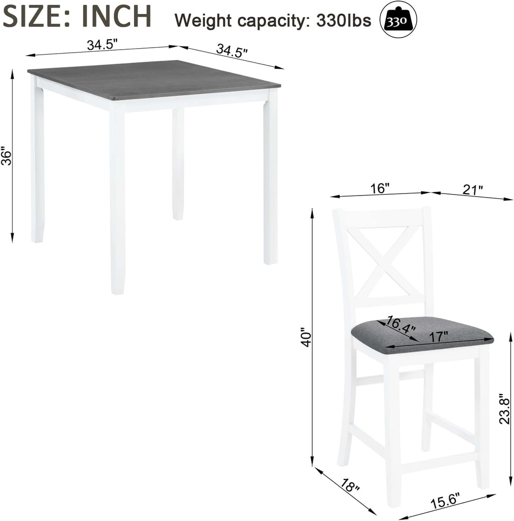 LUMISOL 5-Piece Counter Height Dining Set, Wooden Square Table with 4 Chairs, Space-Saving 4-Person Dining Table Set for Small Kitchen Dining Room, Grey + White