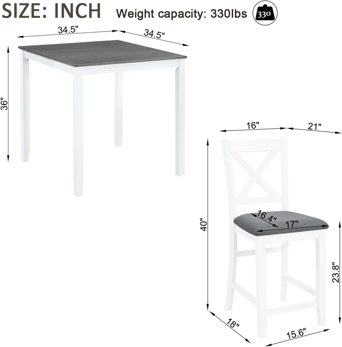LUMISOL 5-Piece Counter Height Dining Set, Wooden Square Table with 4 Chairs, Space-Saving 4-Person Dining Table Set for Small Kitchen Dining Room, Grey + White
