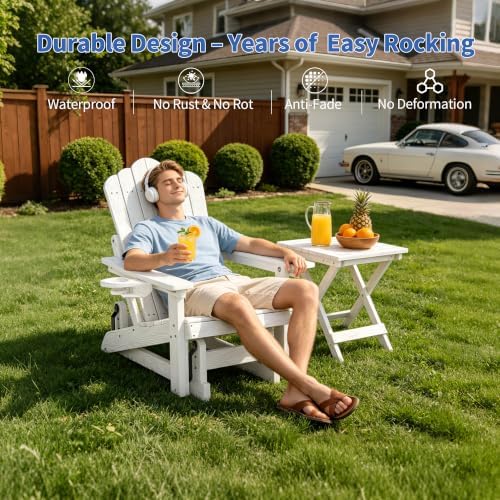 HDPE Adirondack Glider Chair,3-Position Adjustable Backrest Patio Glider | All-Weather Outdoor Glider Rocker Chair with Cup Holders,Porch Glider for Deck,Fire Pit, Poolside,400LBS Capacity White
