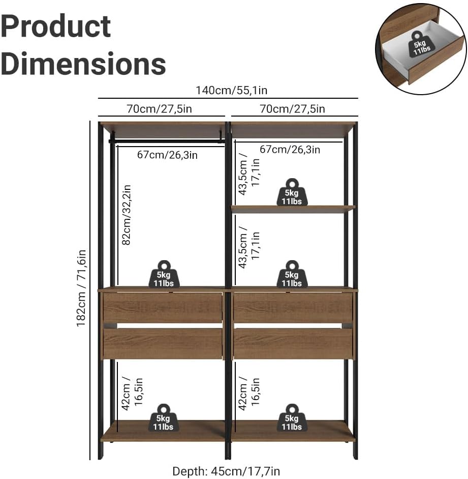 Madesa Kitchen Pantry Storage Rack with 4 Drawers, 5 Shelves and Hanging Space 55" L Multiuse Modular Cabinet for Kitchen Organization - Black/Brown