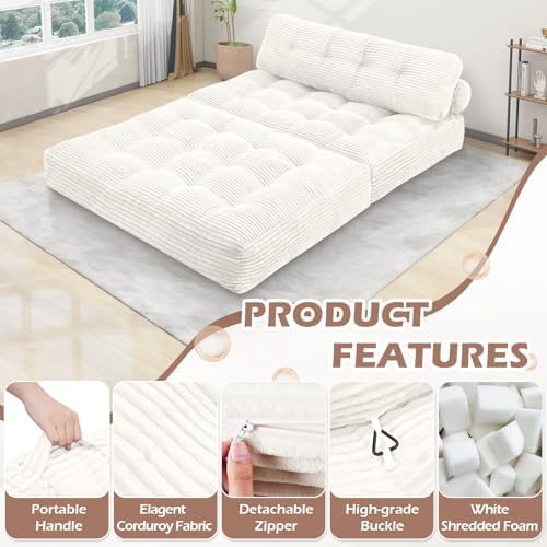Folding Sofa Bed, Convertible Sleeper Chair with Pillow & Handle, Foldable Mattress Futon Chair Bed Lounge with Back Support, Comfy Floor Sofa for Living Room Bedroom, Beige, Full