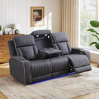 Power Reclining Sofa Set with USB Charging/LED, Blueish Grey Leather Recliner Couch with Cup Holders/Storage Console, 3 Pieces Home Theater Furniture for Living Room/Apartment/Office