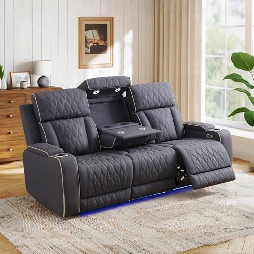 Power Reclining Sofa Set with USB Charging/LED, Blueish Grey Leather Recliner Couch with Cup Holders/Storage Console, 3 Pieces Home Theater Furniture for Living Room/Apartment/Office