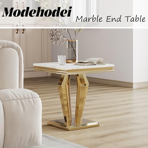 Faux Marble End Table, Modern 23" Square Side Table with Marble Tabletop and Diamond-Shape Stainless Steel Base for Living Room, Bedroom (White,Gold)