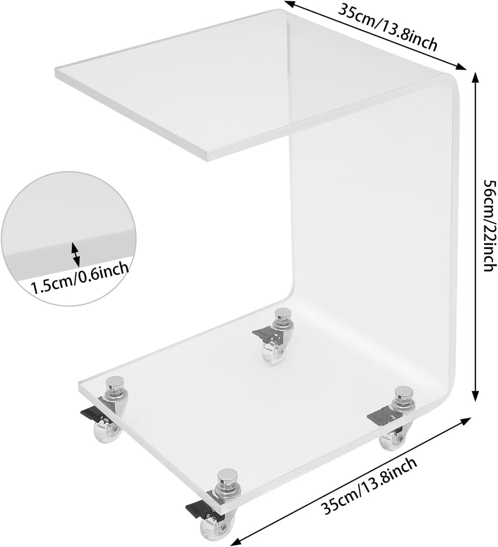 Modern Acrylic Side Table, C-Shaped Sofa Table Nightstand with Storage and Lockable Wheels, Acrylic Sofa Side Table Snack Table On Wheels for Living Room, Bedroom, Office, Bedside, Couch