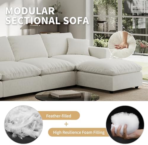 Modern Sectional Linen Couch for Living Room V-Shape Sofas,6 Seat Modular Cloud Sofas with Ottoman,Couches Cushion Covers Removable,Cozy Feather Down Sofa for Apartment Cream White