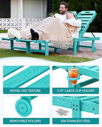SERWALL HDPE Outdoor Chaise Lounge Set of 2 with Cup Holder & Wheels, Aruba | Weather-resistant chaise lounge resists fading, with 5-level adjustable back, cup holder and wheels.