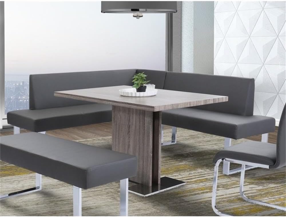 Pemberly Row Modern Faux Leather Corner Dining Bench, Chrome Legs and Gray Upholstery, Foam-Padded Seat, 81" W x 69" D x 33" H, Sturdy Kitchen Seating for 4 People, Indoor Use