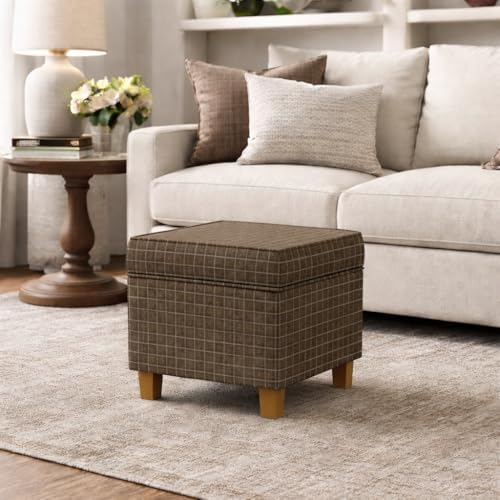 Homepop Home Decor Classic Square Storage Ottoman with Lift Off Lid | Ottoman with Storage for Living Room & Bedroom, Brown Window Pane Fabric