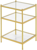 Pemberly Row Contemporary Gold Metal End Table, 16.25" W x 16.25" L x 24.5" H, Clear Glass Shelves, 3-Tier Sturdy Frame, Modern Accent Table for Living Room Decor and Storage