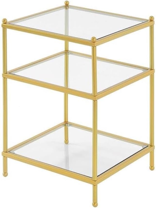 Pemberly Row Contemporary Gold Metal End Table, 16.25" W x 16.25" L x 24.5" H, Clear Glass Shelves, 3-Tier Sturdy Frame, Modern Accent Table for Living Room Decor and Storage