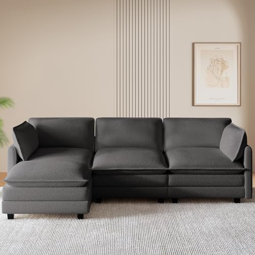 ROWHY 112'' Modular Sectional Cloud Couch with Movable Ottoman, 4 Seat Modern Chenille Sofa, Deep Seat L Shaped Couch for Living Room Bedroom Apartment, Grey | Sturdy Frame