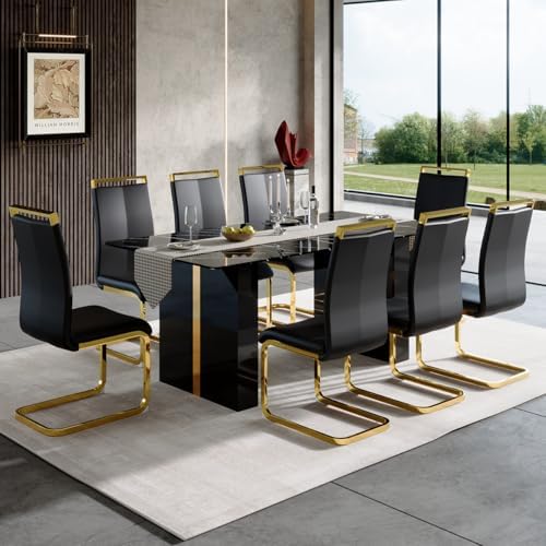 8 Chairs Dining Table Set, 71'' Kitchen Table Set for 8, Faux Marble Dining Table Set for 8 with PU Leather Chairs for Kitchen, Dining Room,Easy to Assemble