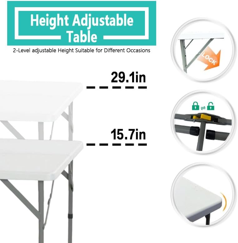 34" Square Folding Card Table, 3ft Foldable Portable Plastic Table | 3 foot Adjustable Height, Indoor Outdoor, White HDPE, Heavy Duty, Camping, Dining for Party, Picnic, Game, Mahjong, Puzzle