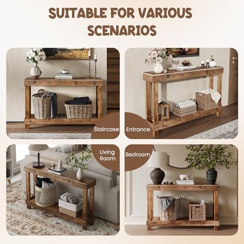 SMARTSTANDARD 46" Long Farmhouse Console Table, Solid Wood, Natural Brown | Console Sofa Table, Entryway Table for Hallway, Living Room, Entrance, 2 Tiers, Easy Assembly
