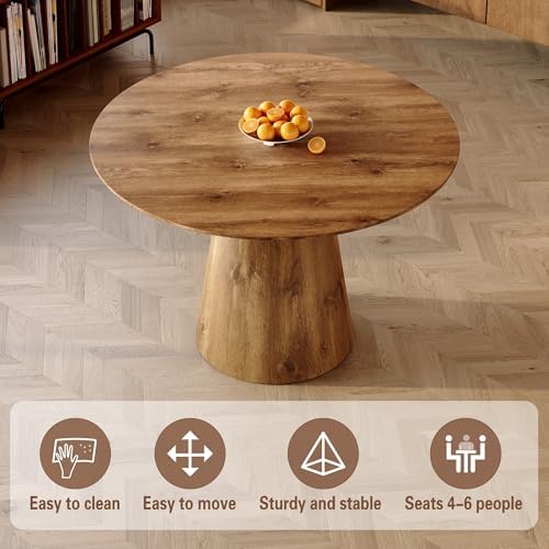 45" Round Dining Table, Round Pedestal Dining Table for 4 | One-Piece Round Tabletop, Wood Grain Finish, Stable Pedestal Base, Easy Assembly, for Kitchen Dining Room