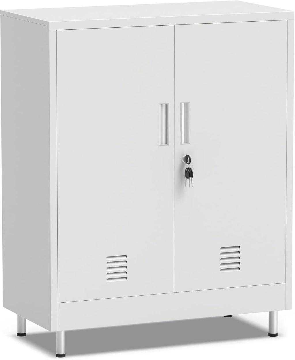 JINGUR Metal Storage Cabinet with Locking Doors and 2 Adjustable Shelves, Lockable Storage Cabinet for Home Office Garage Pantry Living Room (White)