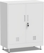 JINGUR Metal Storage Cabinet with Locking Doors and 2 Adjustable Shelves, Lockable Storage Cabinet for Home Office Garage Pantry Living Room (White)