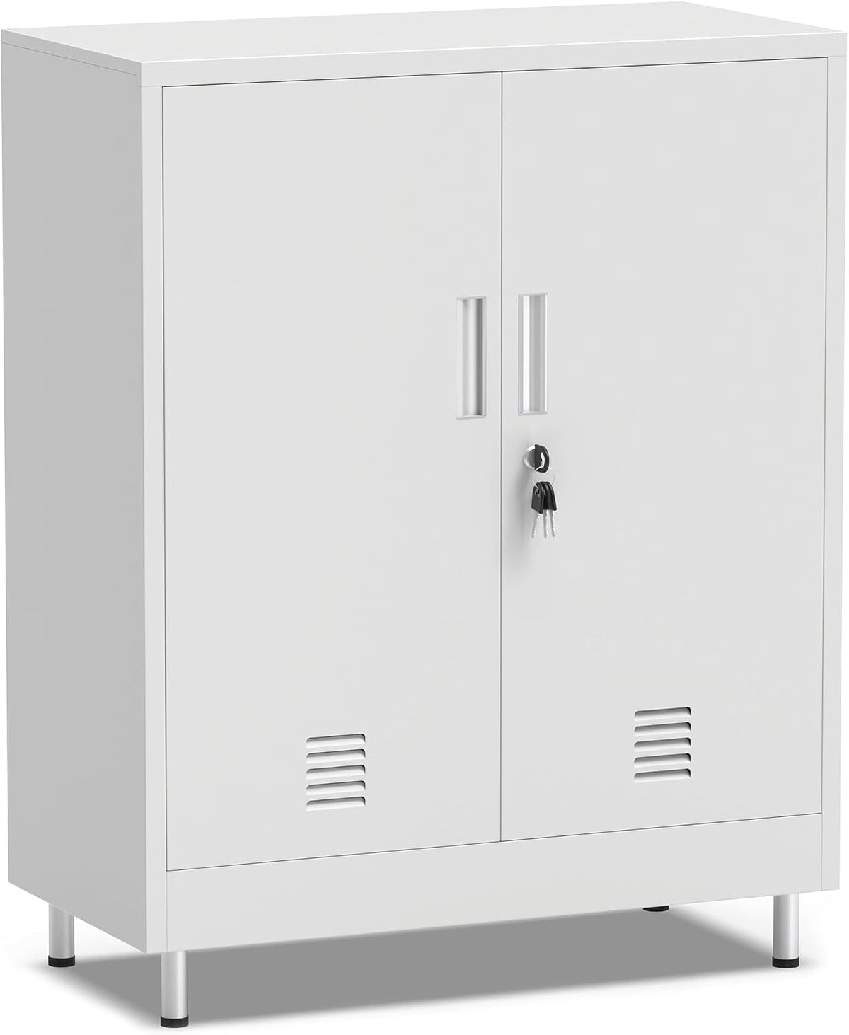 JINGUR Metal Storage Cabinet with Locking Doors and 2 Adjustable Shelves, Lockable Storage Cabinet for Home Office Garage Pantry Living Room (White)