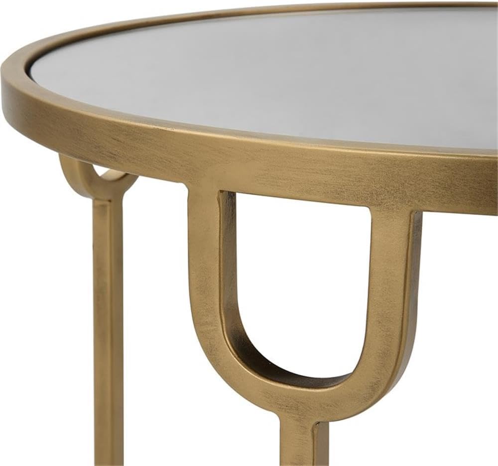 BOWERY HILL Round Two-Tier Iron Accent Table, Antique Gold Finish, Mirrored Top and Tempered Glass Shelf, 24.25" H x 17.25" W x 17.25" D, Elegant Design for Living Room or Bedroom Decor