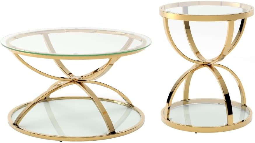 Round Coffee Table Set of 2, Gold Metal Frame with Clear Tempered Glass | Ring-Shaped Frames with Two Clear Glass Tiers for Living Room, Bedroom, or Office