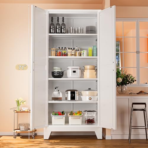 Washsemba 71'' Farmhouse Metal Storage Cabinet with Barn Doors,Steel File Cabinet for Home Office,Kitchen Pantry 4 Adjustable Shelves,Freestanding Cupboard for Kitchen,for Home Office,School (White)