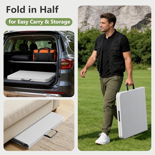 Folding Table 2 Pack, 6 FT Foldable Plastic Table with Carrying Handle, Heavy Duty Portable Fold-in-Half Utility Table for Party, Camping, Banquet, Craft, Wedding, Indoor & Outdoor Use