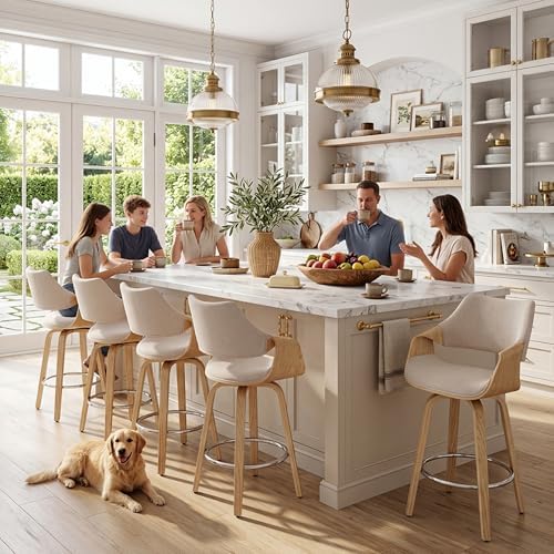 26'' Modern Barrel Swivel Counter Stools Counter Height Swivel Bar Stools with Backs Set of 4, Beige Chenille Upholstered Bar Height stools, Farmhouse Solid Wood Barstools for Kitchen Island, Home Bar