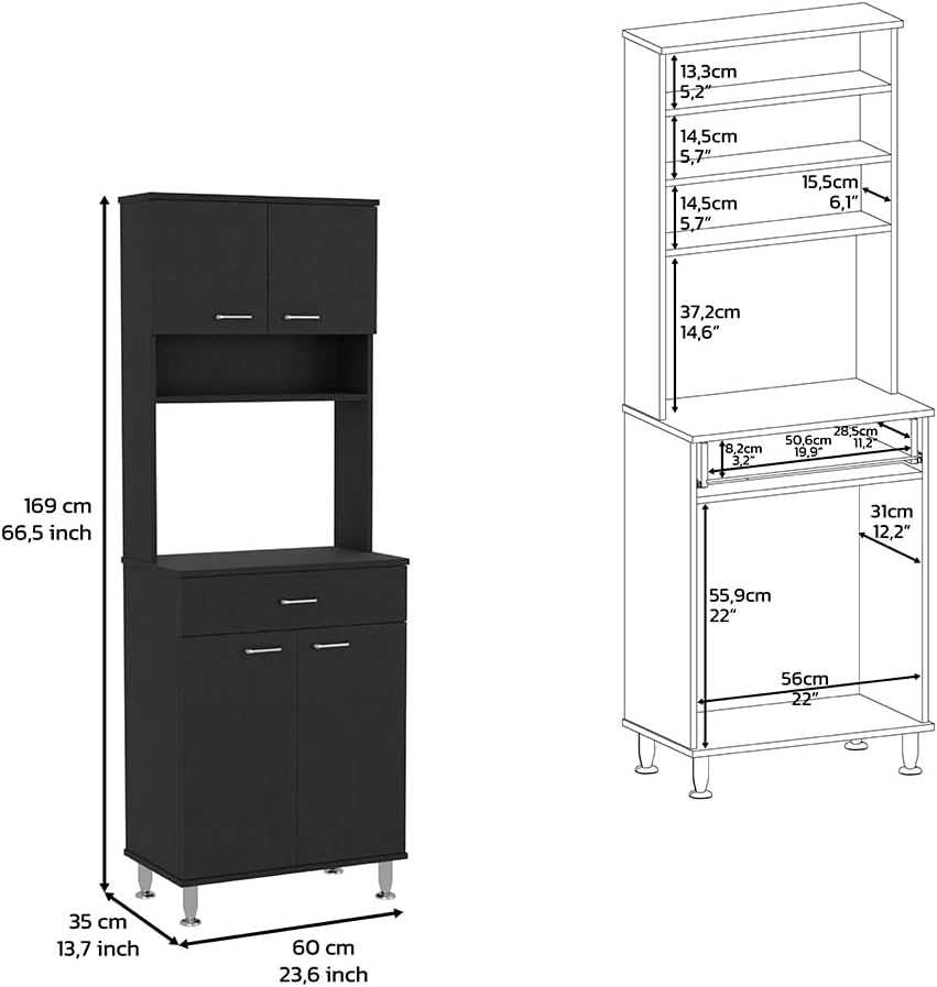 Pantry Cabinet 67" H, Four Doors, One Drawer, Three Internal Shelves, 2 External Storage Shelves, Microwave Storage Option, Four Legs, Black