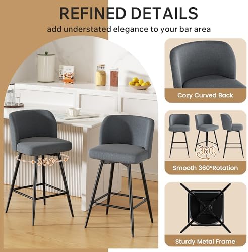 Swivel Bar Stools Set of 2, 26" Counter Height Bar Stools with High Back and Metal Legs, Fabric Bar Chairs, Modern Barstools for Kitchen Island, Light Grey