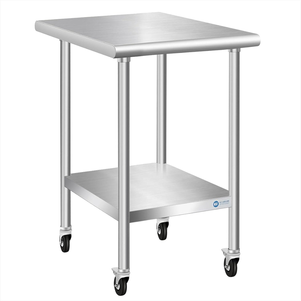 KUARBARR Stainless Steel Table with Wheels Commercial Stainless Kitchen Prep Table, Metal Table for Restaurant Garage Hotel, 24 x 18 Inch