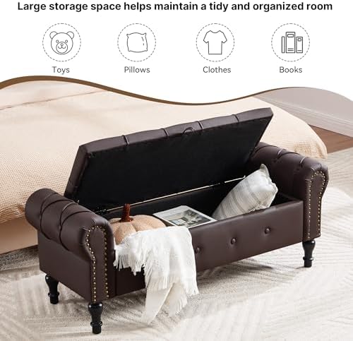 Storage Bench 51" Faux Leather End of Bed Benches Dark Brown | Queen Size Storage Bench for Bedroom with Rolled Arms Tufted Ottoman Benches Upholstered Bench for Living Room Entryway