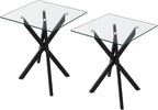 Modern Square End Table with Glass Top, Glass End Side Table for Living Room Office, 17.72 x 17.72 x 20.87 inches, Black Metal X-Base, Adjustable Feet (2, Black)