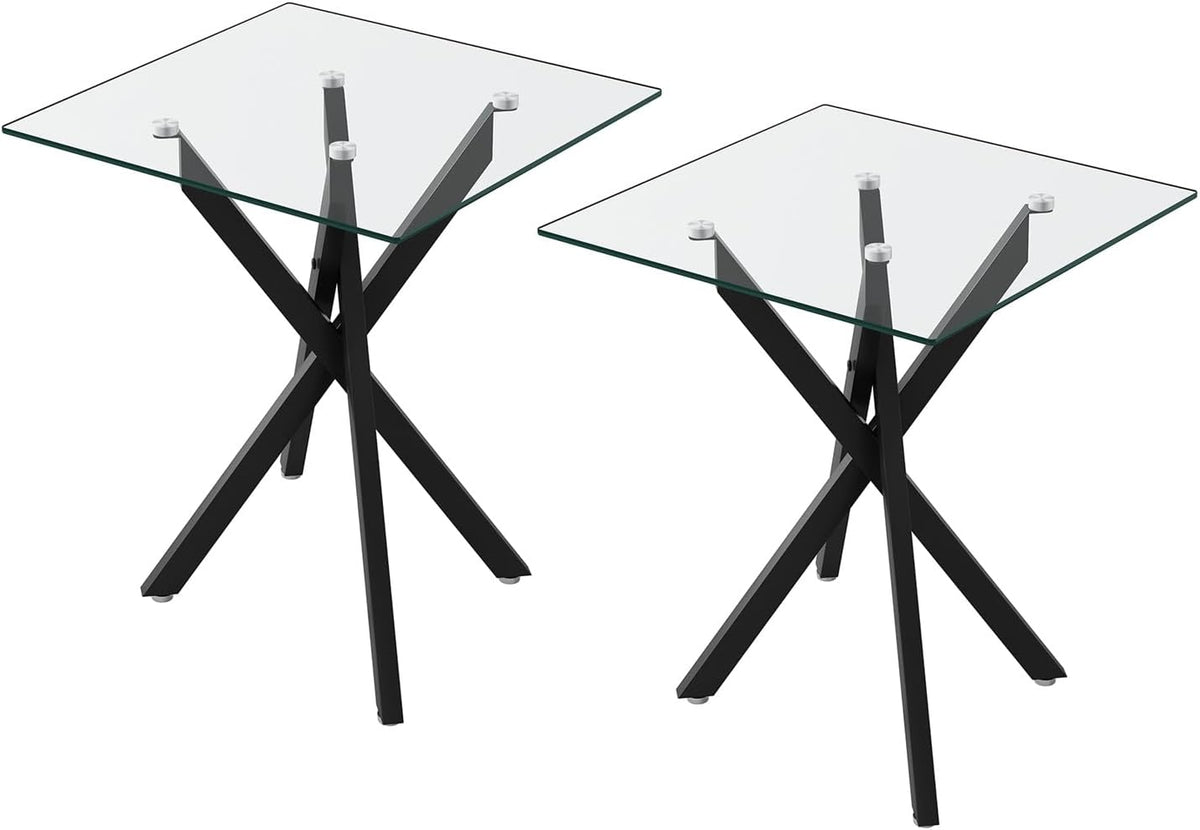 Modern Square End Table with Glass Top, Glass End Side Table for Living Room Office, 17.72 x 17.72 x 20.87 inches, Black Metal X-Base, Adjustable Feet (2, Black)