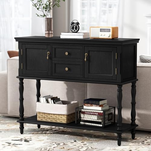 ARTPOWER Console Table with 2 Drawers, Retro Entryway Table with 2 Door | Solid Wood Veneer Entry Table, Behind Couch Sofa Table with Open Storage Shelf for Living Room, Foyer, Hallway