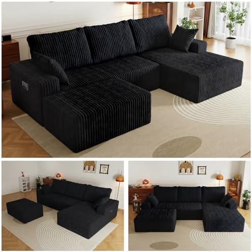 108" U-Shape Modular Sectional Cloud Couch with Ottoman, Deep Seat Couch with Oversized Chaise Lounge, Comfy Flannel Fabric Sofa for Living Room Bedroom Apartment Game Room Basement