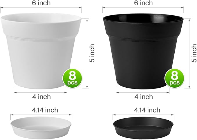 homenote Plant Pots,6 Inch Flower Pots for Plants Plastic Planters for Indoor with Multiple Drainage Holes and Trays, for All Home Garden Flowers Succulents,Outdoor(White&Black,16 Pack)
