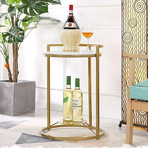 Telephone Table, Side Table Living Room Marble Small Round Table Telephone Table Golden Wrought Iron 2 Layer Corner Table Snack Table，16.9"×21.6" (Color:White)