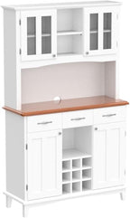 PETSITE Kitchen Pantry Storage Cabinet, Freestanding Microwave Cupboard with Tempered Glass Cabinet, Wine Rack, Adjustable Shelves, Buffet with Hutch for Living Room, Dining Room, White