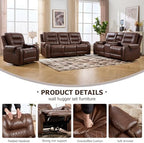 EBELLO 3PCS Faux Leather Recliner Sofa Furniture Set, Included Recliner Chair, Manual Loveseat and 3 Seat Reclining Sofa Couch, Vintage Rivet Mid-Century Modern Design for Living Room, Brown