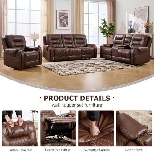 EBELLO 3PCS Faux Leather Recliner Sofa Furniture Set, Included Recliner Chair, Manual Loveseat and 3 Seat Reclining Sofa Couch, Vintage Rivet Mid-Century Modern Design for Living Room, Brown