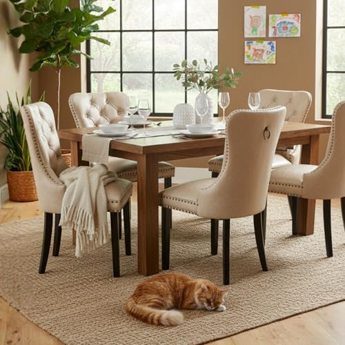 CIMOTA Beige Leather Dining Chairs Set of 8 Mid Century Modern Dining Room Chairs Tufted Upholstered Kitchen Dining Chairs Comfortable Side Chairs with Nailhead Trim/Ring Back (PU /8PCS)