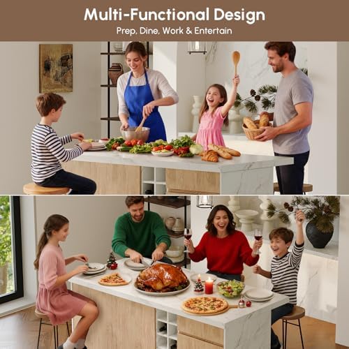 homary 72" Large White Kitchen Island with Storage & LED Lights, Wood Freestanding Island with Wine Rack, Drawers, Cabinet & Shelves, Modern for Kitchen & Dining Room