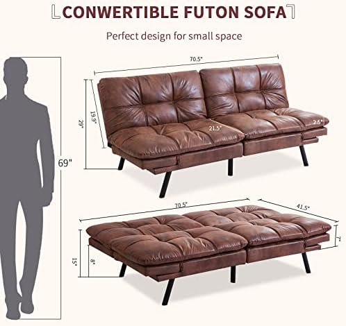 Opoiar Leather Futon Sofa Bed,Convertible Memory Foam Couch Bed,Futon Sets Daybed with Mattress Included,Folding Modern Sleeper Sofa Love seat for RV Car Living Room&Bedroom Small Space,Brown