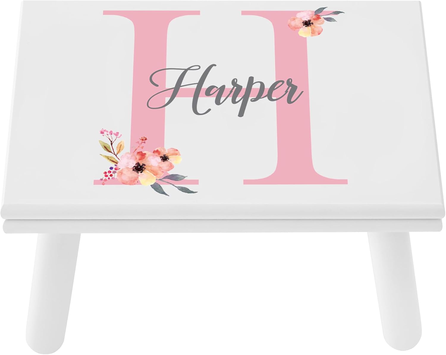 Let's Make Memories Personalized Step Stool- Name and Initial- Wood- Floral Design- White- Ages 3+