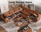 Vipbear 130" Modular Sectional Sleeper Sofa with Pull Out Bed, 9 Seat Chenille U Shaped Couch with Ottoman and Chaise|USB Ports|Cup Holders|Side Table, Tool Free Assembly, Orange